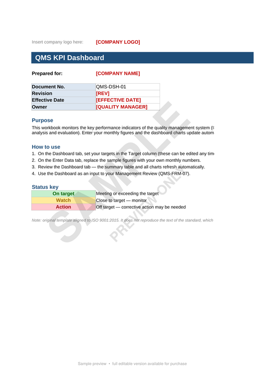 ISO 9001 QMS KPI Dashboard - Excel, Auto-Updating Charts