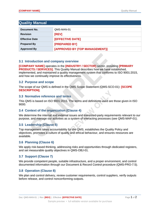 ISO 9001:2015 Starter Kit - Quality Policy, Manual, Scope, Objectives & Process Map