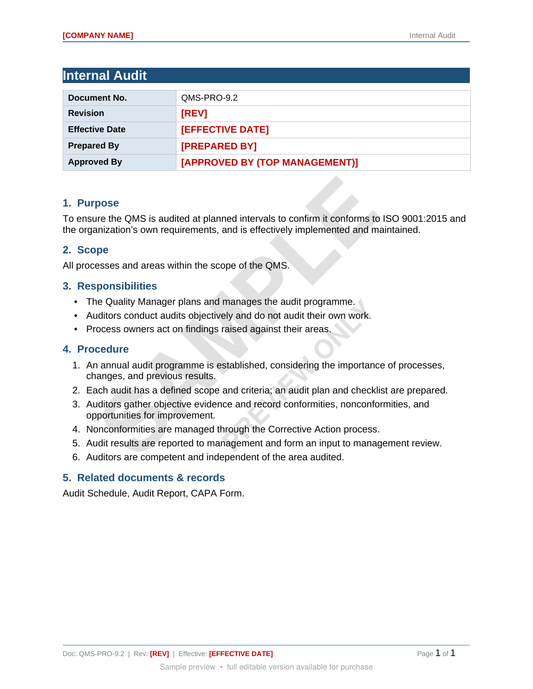 ISO 9001:2015 Procedures Pack - 8 Core QMS Procedures